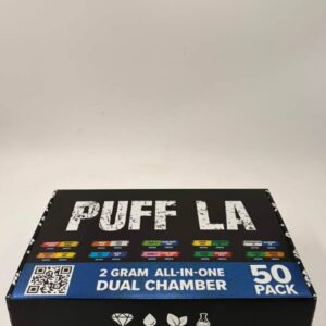 Closed black Puff LA dual chamber 50-pack master box containing 2G liquid diamond and live resin vapes.