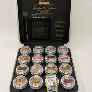 Open Whole Melt Extracts Passport Edition briefcase displaying 16 jars of exclusive live resin sugar and a custom passport.