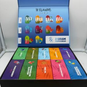 Open BLK KAT master box displaying 50 vapes split across 10 distinct Indica, Sativa, and Hybrid flavors.