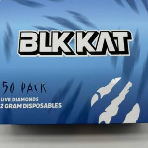 Closed blue BLK KAT 50 pack master box containing 2G live diamonds vapes for bulk wholesale.