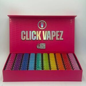 Open Click Vapez master box showing 100 colorful 2G click devices