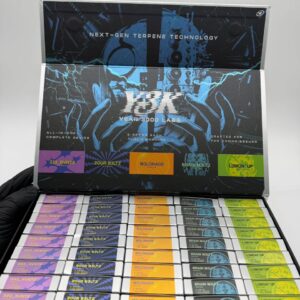 Opened Y3K 2g Disposable display box showing 333 Runtz Zour Beltz Melonade Brain Meltz Lemon Up strains