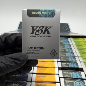 Retail packaging box for the Y3K Brain M3ltz 2g Live Resin and Liquid Diamonds disposable vape[cite: 9, 10].