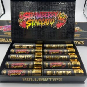 Opened Hollowtips 2g Disposable Strawberry Staccato master box showing gold bullet vape pens
