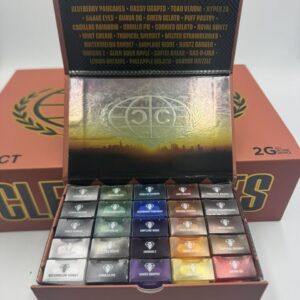 Clean Carts 2g Disposable master display box showing strain menu and individual strain boxes
