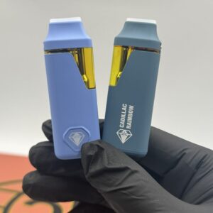 Clean Carts 2g Disposable vape hardware devices held in hand showing Cadillac Rainbow strain