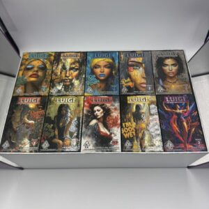 Opened Luigi V9 2g Disposable master display box showing 10 designer strain packs