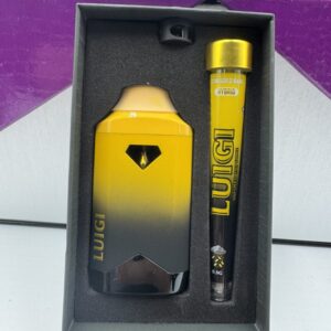 Opened Luigi V9 box holding 2g disposable vape device and 0.5g infused pre-roll