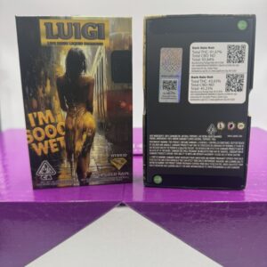 Luigi V9 2g Disposable box front and back showing 24K Gold Rain strain artwork