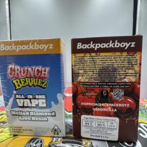 Backpackboyz 2g vape and 0.5g joint 5-pack boxes front and back showing Crunch Berriez and Black Cherry Gelato
