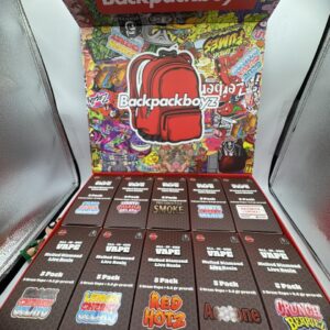 Opened Backpackboyz 2g Vape and 0.5g Joint master display box showing strain packs