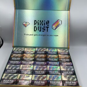 Opened Pixie Dust 2g Disposable master display box filled with individual Pixie Pod strain boxes
