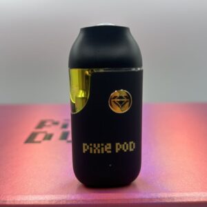 Matte black Pixie Dust 2g disposable vape pod hardware with gold button and viewing window