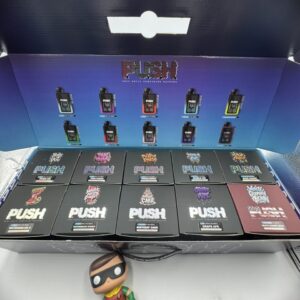 Opened PUSH 2g Disposable Box master case showing 10 inner strain display packs