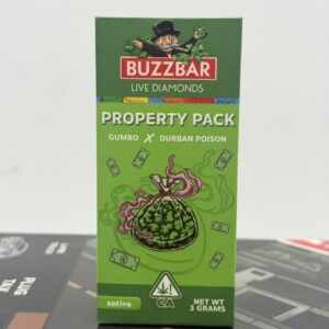 Front of green BuzzBar Property Pack box for Gumbo x Durban Poison Sativa strain