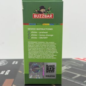 Back of BuzzBar Property Pack box showing button click instructions and QR verification code