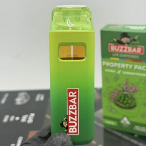 Green gradient BuzzBar disposable vape pod hardware with clear oil window
