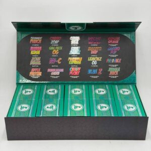 Open wholesale display box showing multiple Fusion 2G liquid diamond vape sub-units and flavor options
