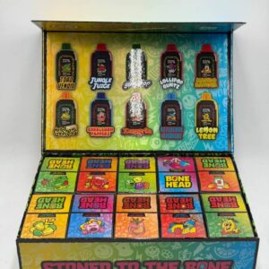 Open wholesale master box displaying multiple Bone Head 3G disposable units and strain flavors