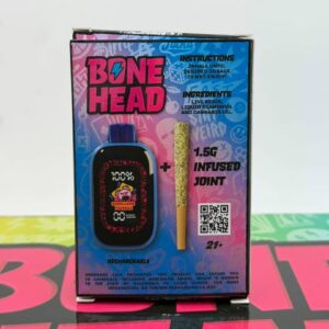 Back of Bone Head 3G Disposable packaging showing the vape device, 1.5G infused joint, and product ingredients