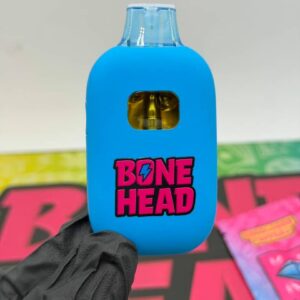 Back view of the blue Bone Head 3G Disposable vape device showing the extract window and pink logo