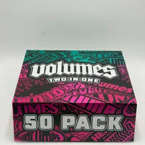 The vibrant pink, teal, and black exterior packaging of the Volumes 2G Two in One 50-pack wholesale display box.