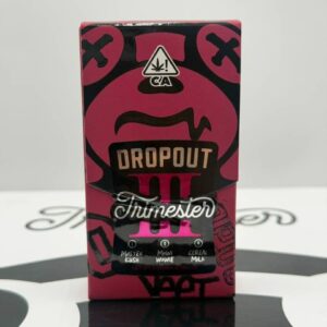 The front of a pink Dropout 3G Trimester III retail box featuring the bear mascot and three strain flavors.