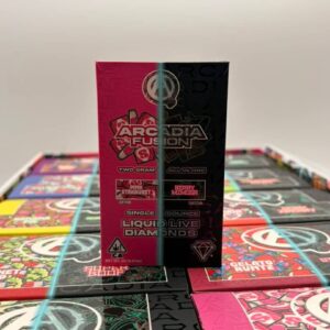 Individual two-gram retail box for the Arcadia Fusion Pink Starburst and Berry Mimosa vape displayed on a master case.