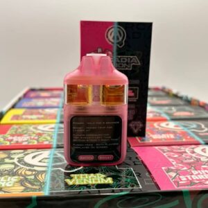 The Arcadia Fusion pink dual-flavor vape device showing the switch button, boost button, and dual tanks.