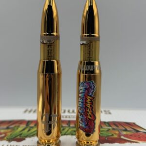 Two Hollow Tips 2g Disposable gold bullet vaporizers showing the Ice Cream Beam logo and oil window