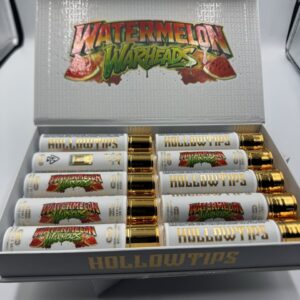 Open retail display box showing ten individual Watermelon Warheads Hollow Tips 2g Disposable units