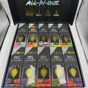 Open wholesale master case displaying multiple Muha Meds Gen 2x2 Magnets 4G strain options