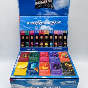 Open display box of Brix Better Up Here Edition showing 100 all-in-one disposable vapes across 10 flavors.