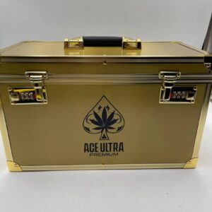 A heavy-duty metallic gold wholesale briefcase with dual combination locks for the Ace Ultra Premium 4g Disposable Master Box.